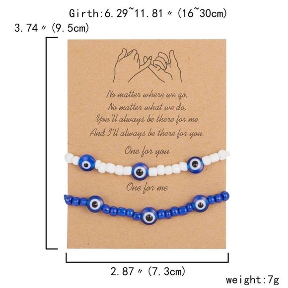 2 pc. Turkish Evil Eye Friendship Blue White Beads Bracelets - Picture 3 of 9